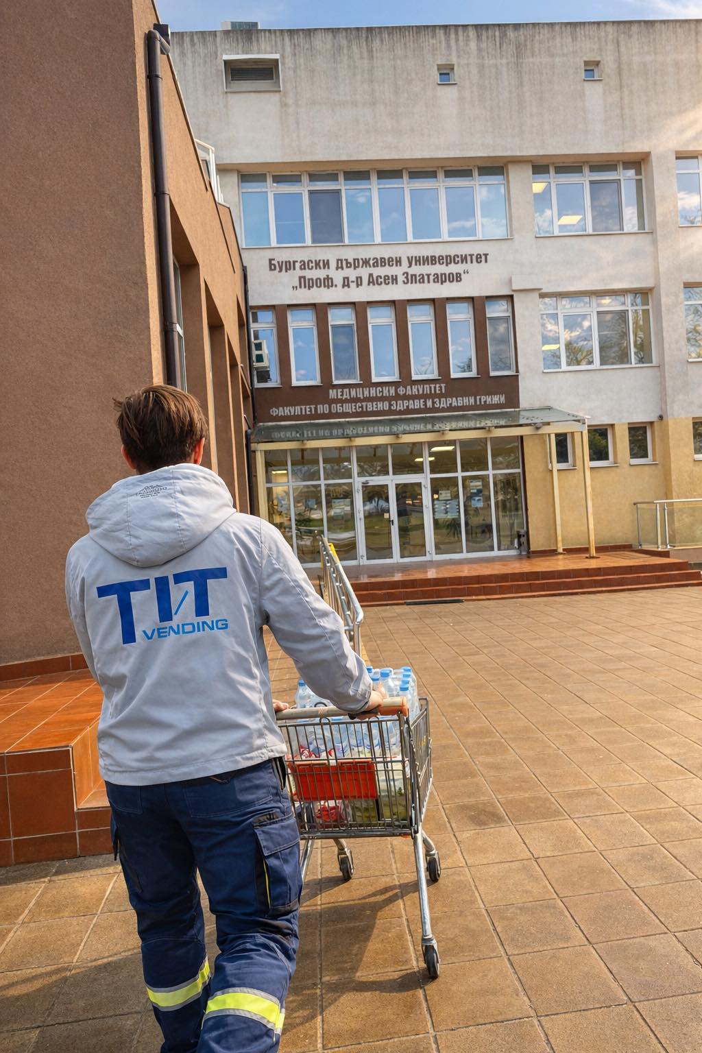 Служител на TIT Vending зарежда автомати пред сграда на университет